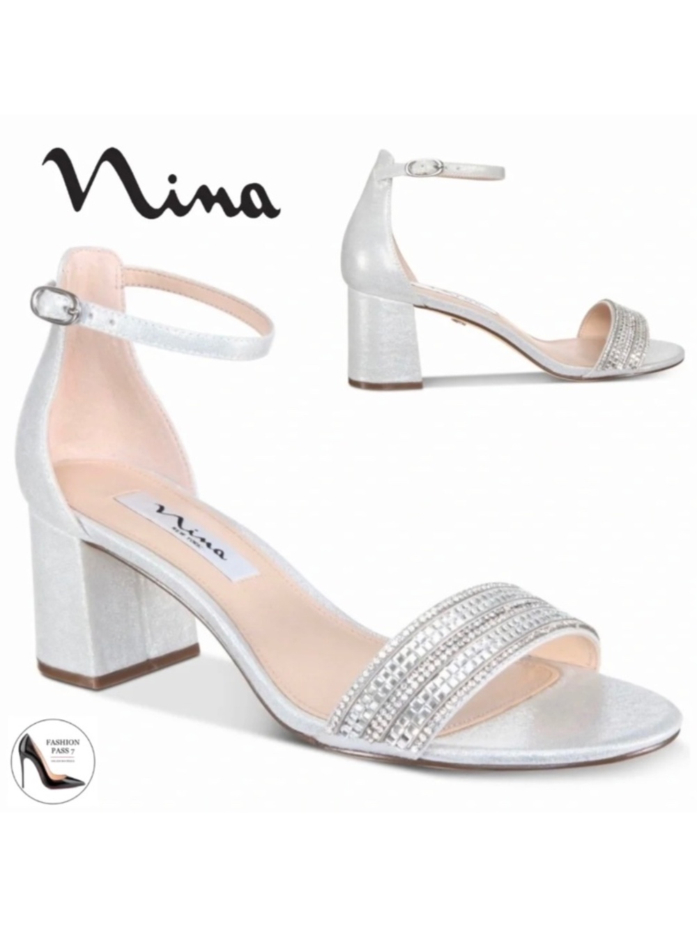 Nina Elenora Silver Evening Block-Heel Sandals Pumps Heeled Dress Shoes